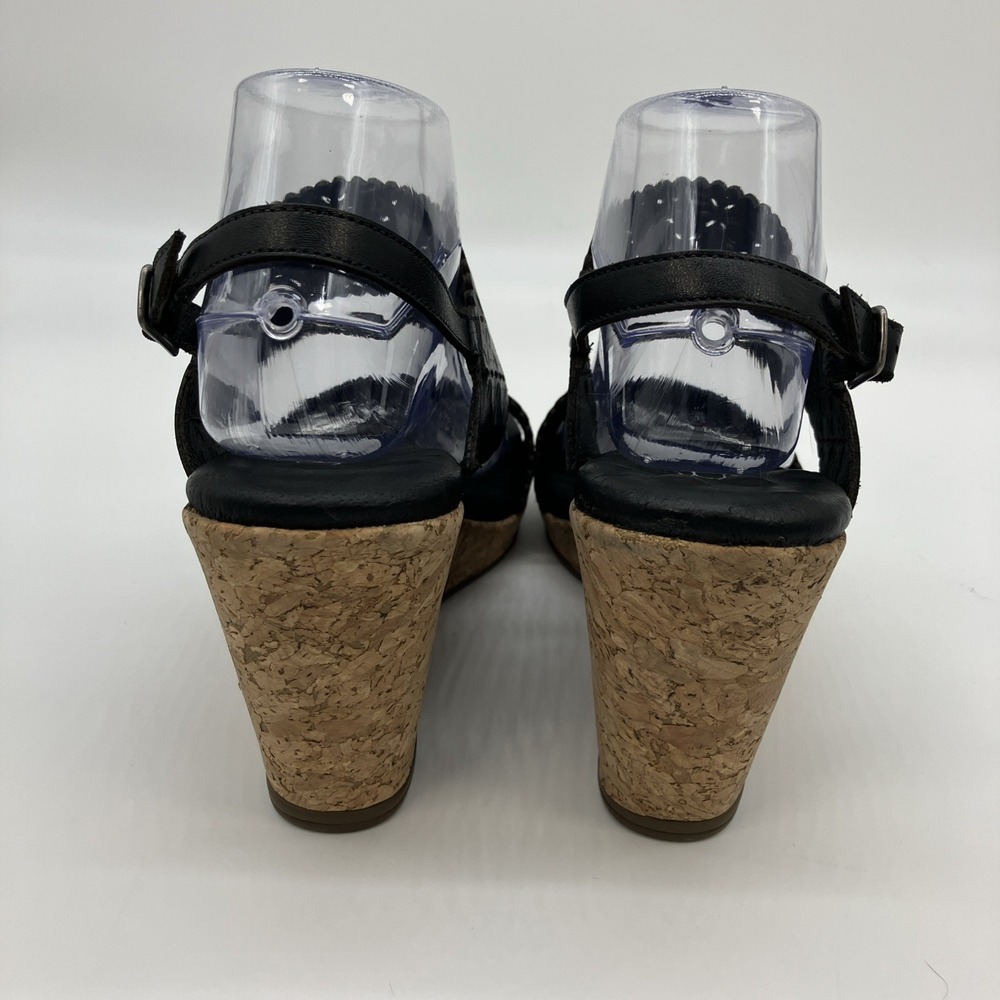 Walking Cradles Sandals 9 W Black Leather Cork Wedge Slingback Shoes Ankle Strap - Picture 6 of 14